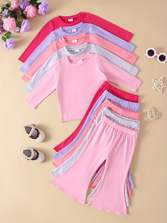 10-Piece Girls' Solid Color Long Sleeve T-Shirt and Flare Pants Set in Soft Comfortable Knit Fabric