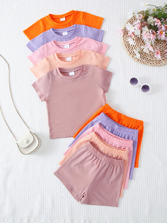 10-Piece Baby Solid Color Short Sleeve Top and Shorts Set, made from soft and comfortable knit fabric.