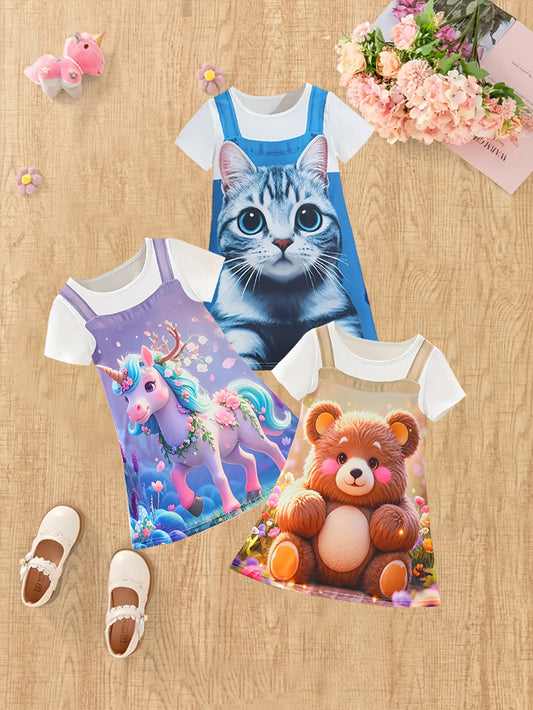 3-Pack Toddler Girls' Summer Casual Faux Denim 3D Cat Print Short Sleeve Knit Dresses