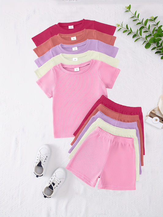 10-Pack Girls' Urban Fashion Waffle Knit Short-Sleeve Tops and Shorts Set – Solid Color Casual Outfits Perfect for Summer Outdoor Wear – A Wonderful Gift for Your Granddaughter or Daughter