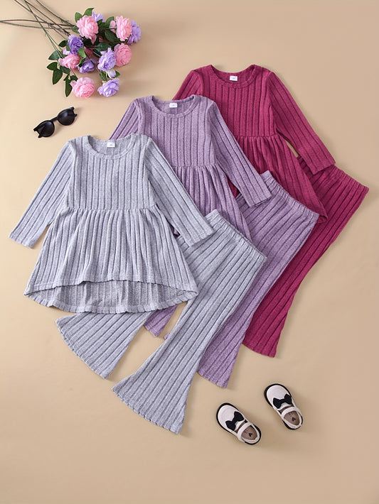 6-Piece Fall and Winter Girls' Outfit Set – Sweet Ruffle Ribbed Knit Long-Sleeve Top and Flared Pants, Warm and Solid Color Design.