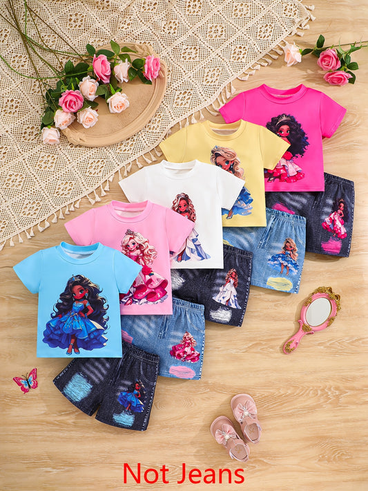 10-Pack Baby Girl Casual Princess Graphic Knit T-Shirt and Faux Denim Shorts Set – Soft, Comfortable, and Perfect for Everyday Outdoor Wear