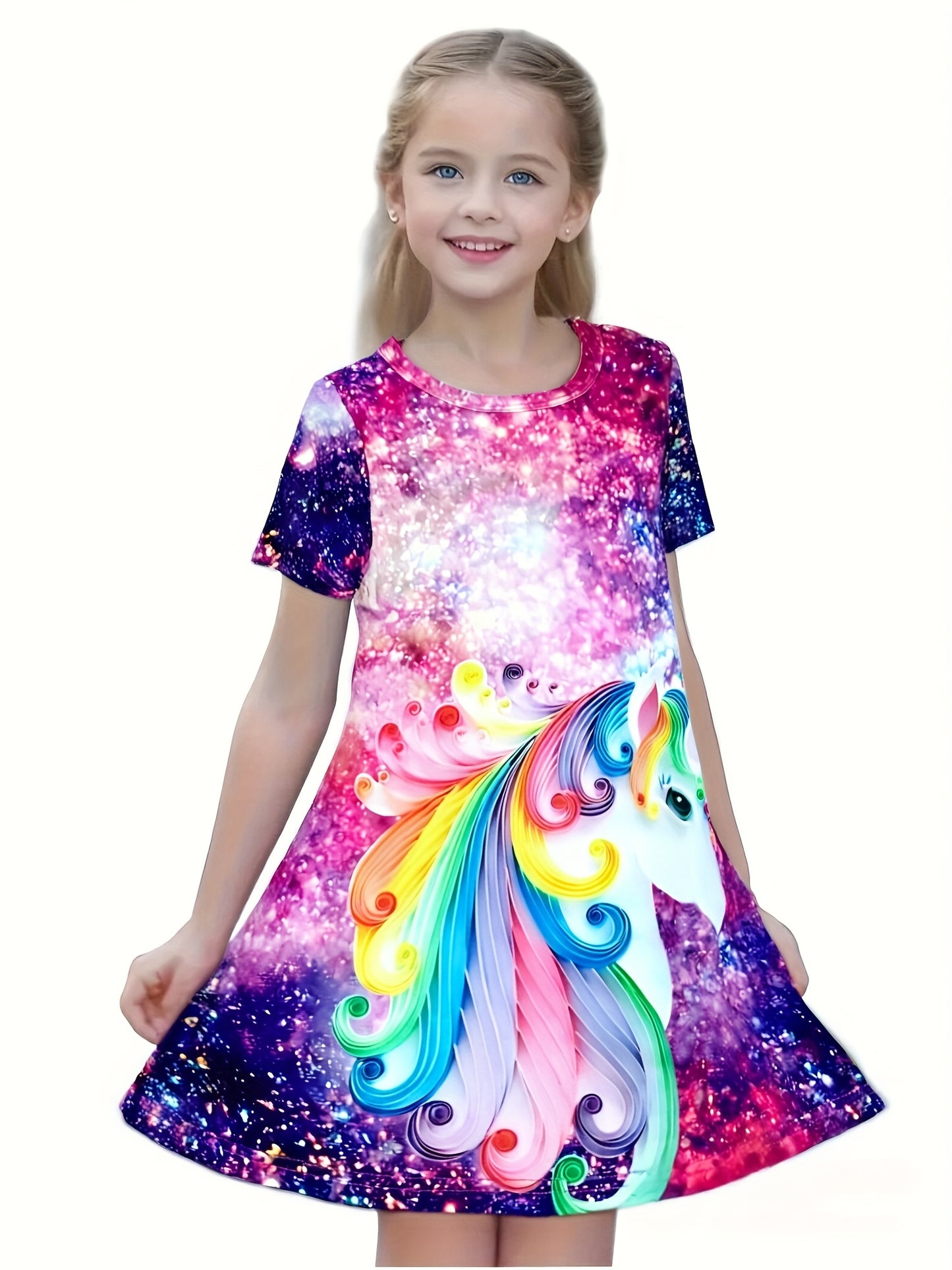 3-Pack Girls' Charming A-Line Dresses – Featuring 3D Unicorn, Starry Night Prints, Vibrant Rainbow Gradients, and Sparkling Accents – Short-Sleeve Casual Cartoon Dresses for Spring/Summer – Stylish and Fun for Kids