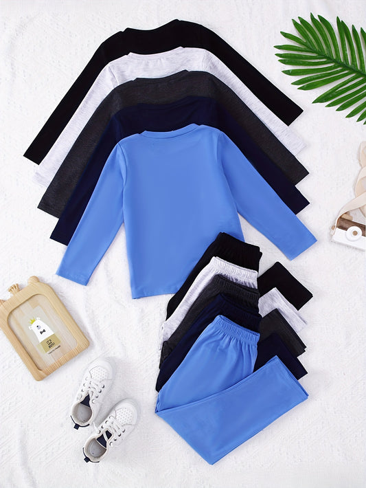 10-Pack Boys' Casual Solid Color Long Sleeve Top and Pants Set – Soft and Comfortable Knit Fabric