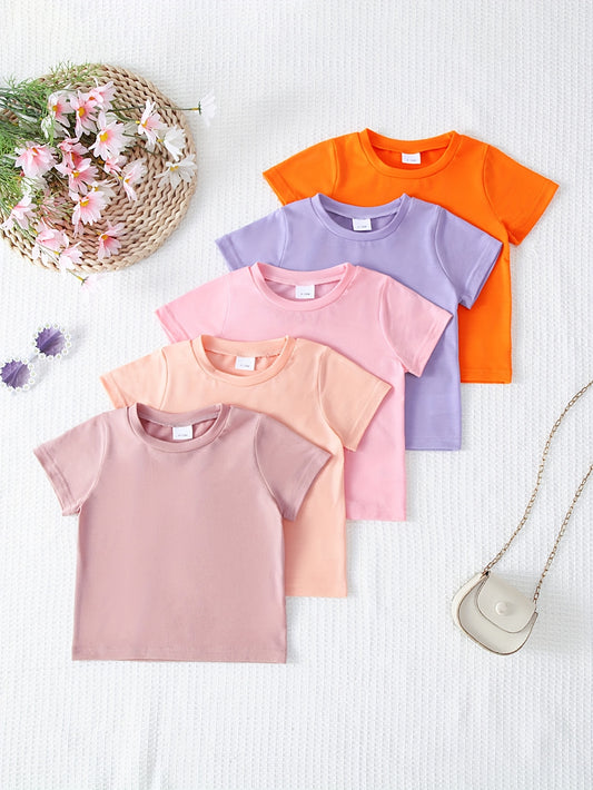 5-Pack Girls' Solid Color Short Sleeve T-Shirts