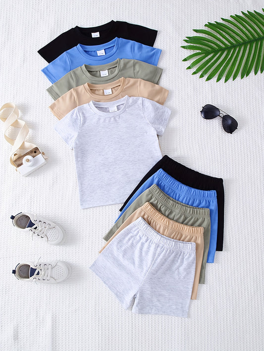 10-Piece Baby Solid Color Short Sleeve Top and Shorts Set – Soft and Comfortable Knit Basics