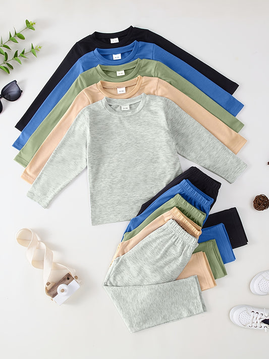 10-Pack Boys' Solid Color Casual Lightweight Soft Knit Long Sleeve T-Shirt and Pants Set