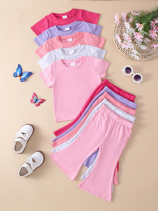 10-Piece Baby Solid Color Basic Short Sleeve Top and Flared Pants Set in Soft and Comfortable Knit Fabric