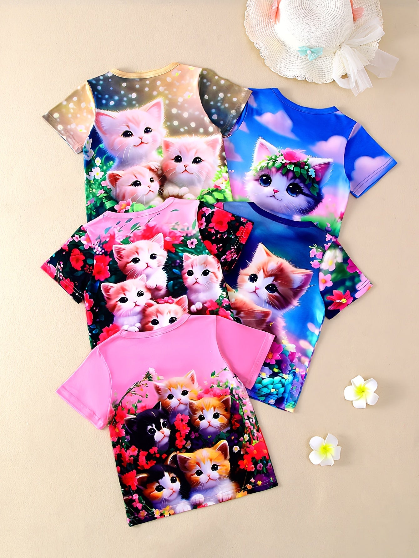 5-Pack Girls' Short Sleeve T-Shirts featuring Adorable Cat and Floral Prints – Made from soft, comfortable fabric with a casual and stylish design, perfect for outdoor activities, sports, and everyday wear during the spring and summer seasons.