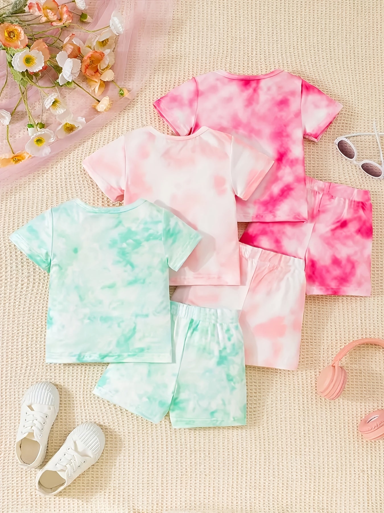 6-Pack Baby Girl Tie-Dye Print Short-Sleeve T-Shirt and Shorts Set – Perfect for Summer Outdoor Camping, Travel, and Vacation Wear – A Wonderful Gift for Your Granddaughter