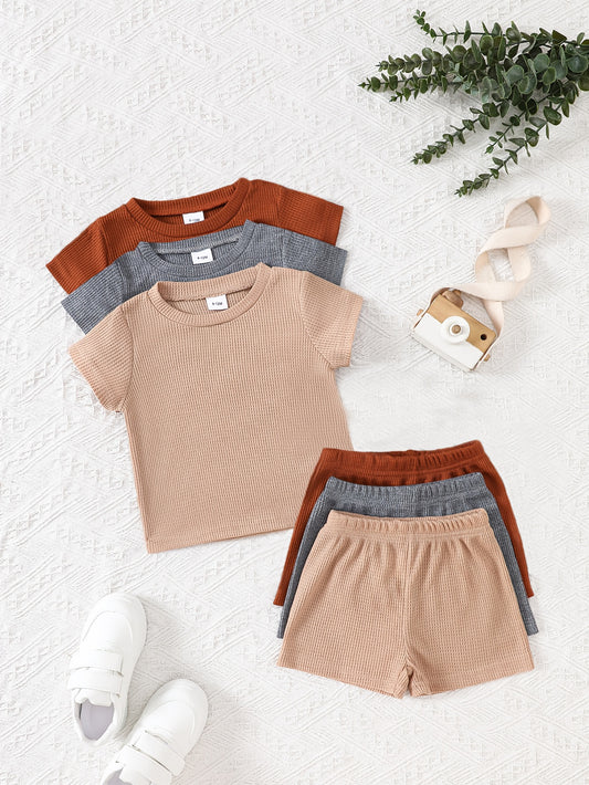 6-Piece Boys' Casual Solid Color Short Sleeve and Shorts Set in Soft and Comfortable Waffle Knit Fabric