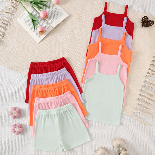 10-Piece Baby Girl Solid Color Ribbed Ice Silk Tank Top and Shorts Set, Soft and Comfortable