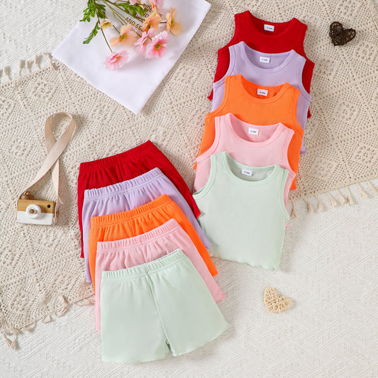 10-Piece Baby Girl Ice Silk Ribbed Solid Color Soft and Comfortable Tank Top and Shorts Set